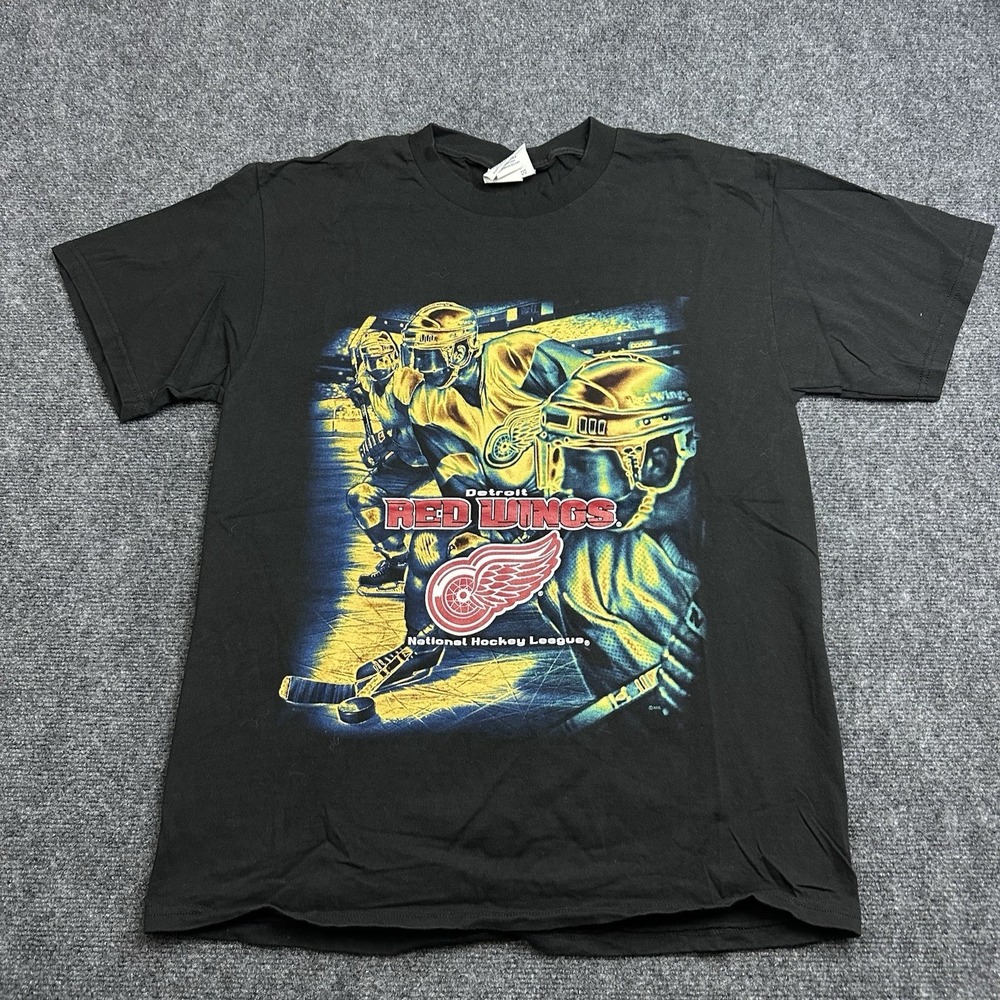 VTG 90s Detroit Red Wings Graphic T-Shirt Sz L Black Hockey Infrared Nutmeg Lee